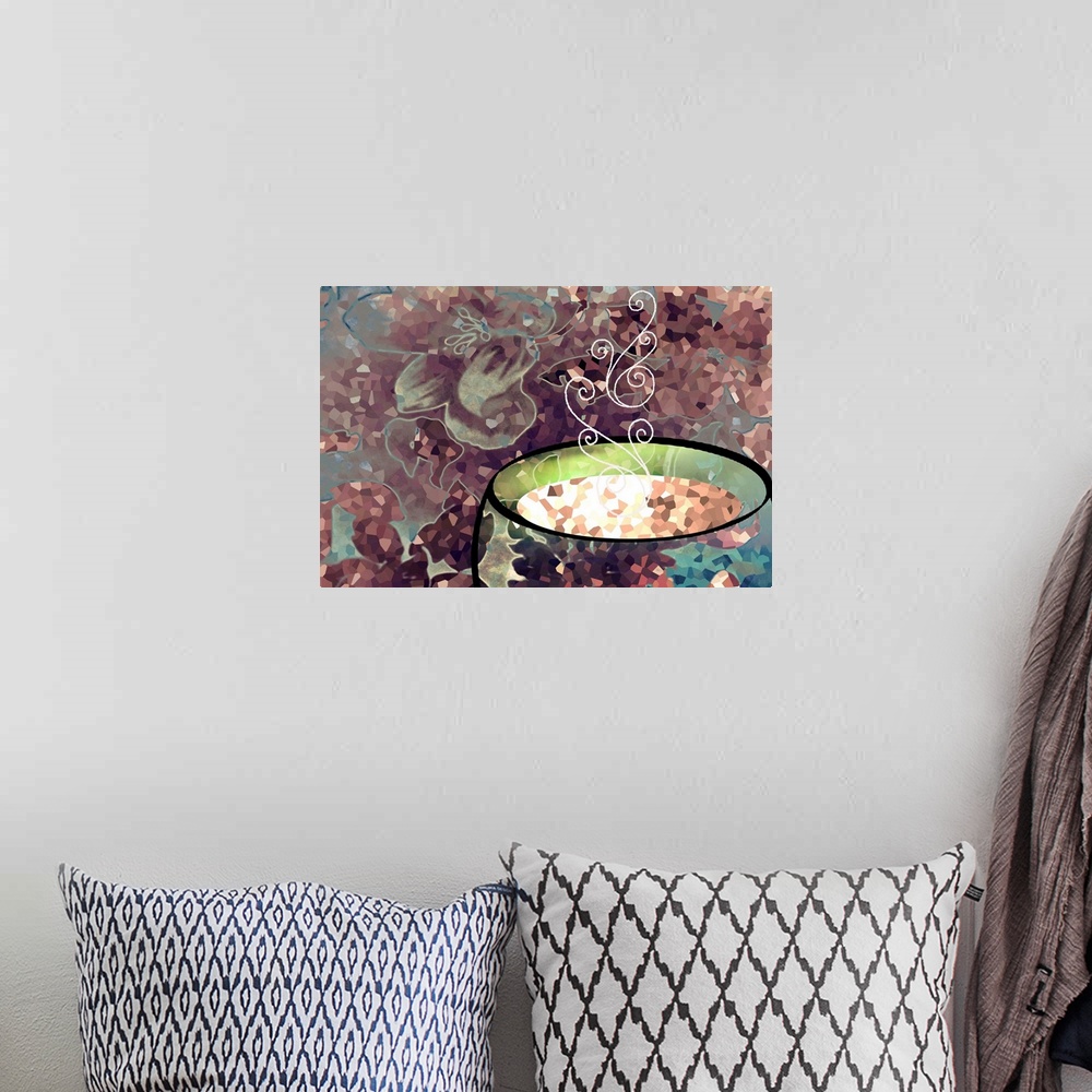 A bohemian room featuring Mosaic style artwork of steam rising from hot liquid in a cup.