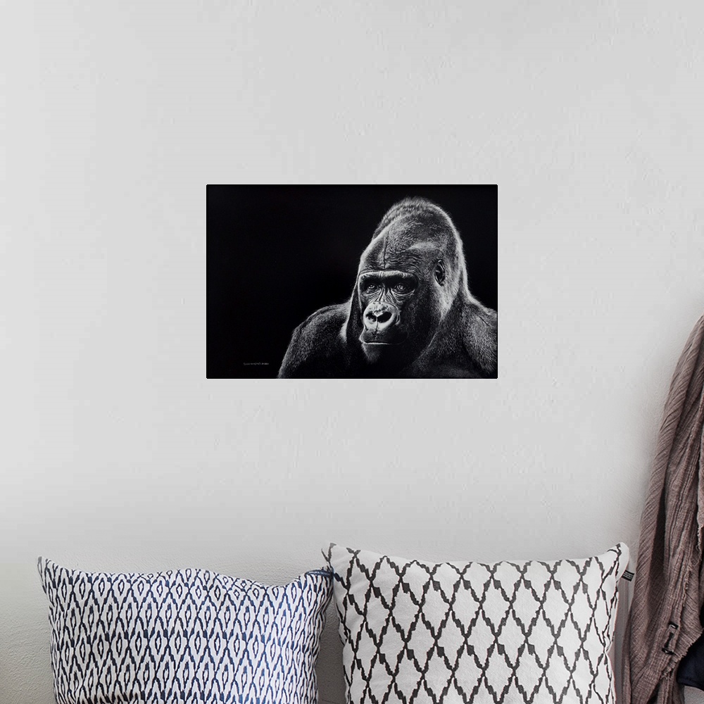 A bohemian room featuring A powerful head and shoulders portrait of a majestic Mountain gorilla created in the scratchboard...