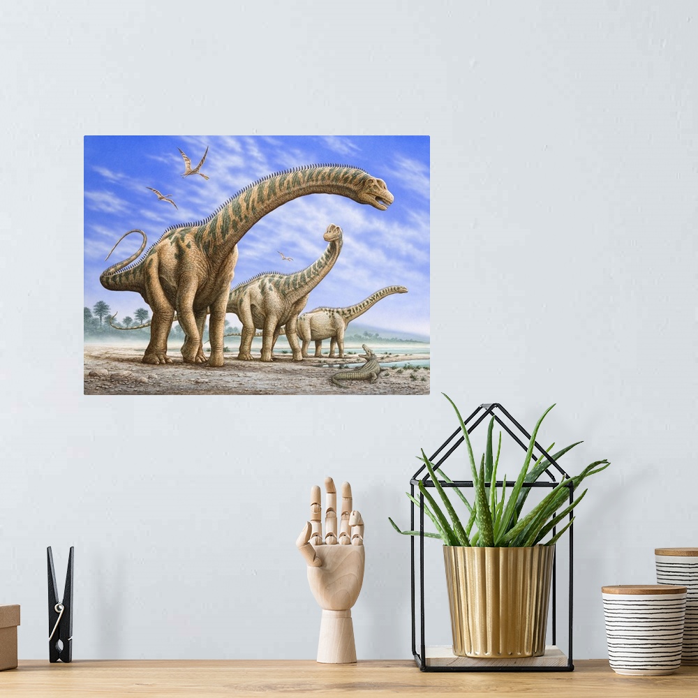 A bohemian room featuring A group of Argentinosaurus dinosaurs. Ornithocheirus fly overhead, while a Deinosuchus tries to s...