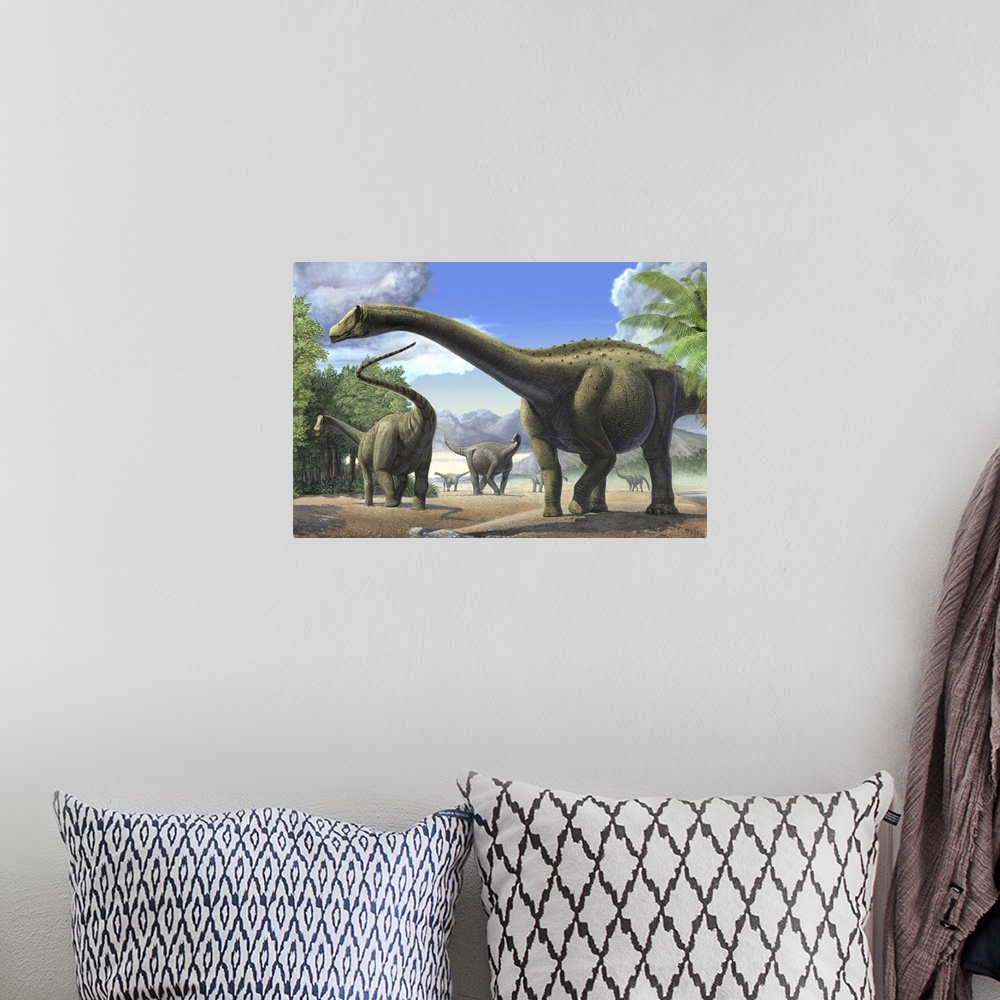 A bohemian room featuring A group of Tapuiasaurus macedoi dinosaurs.