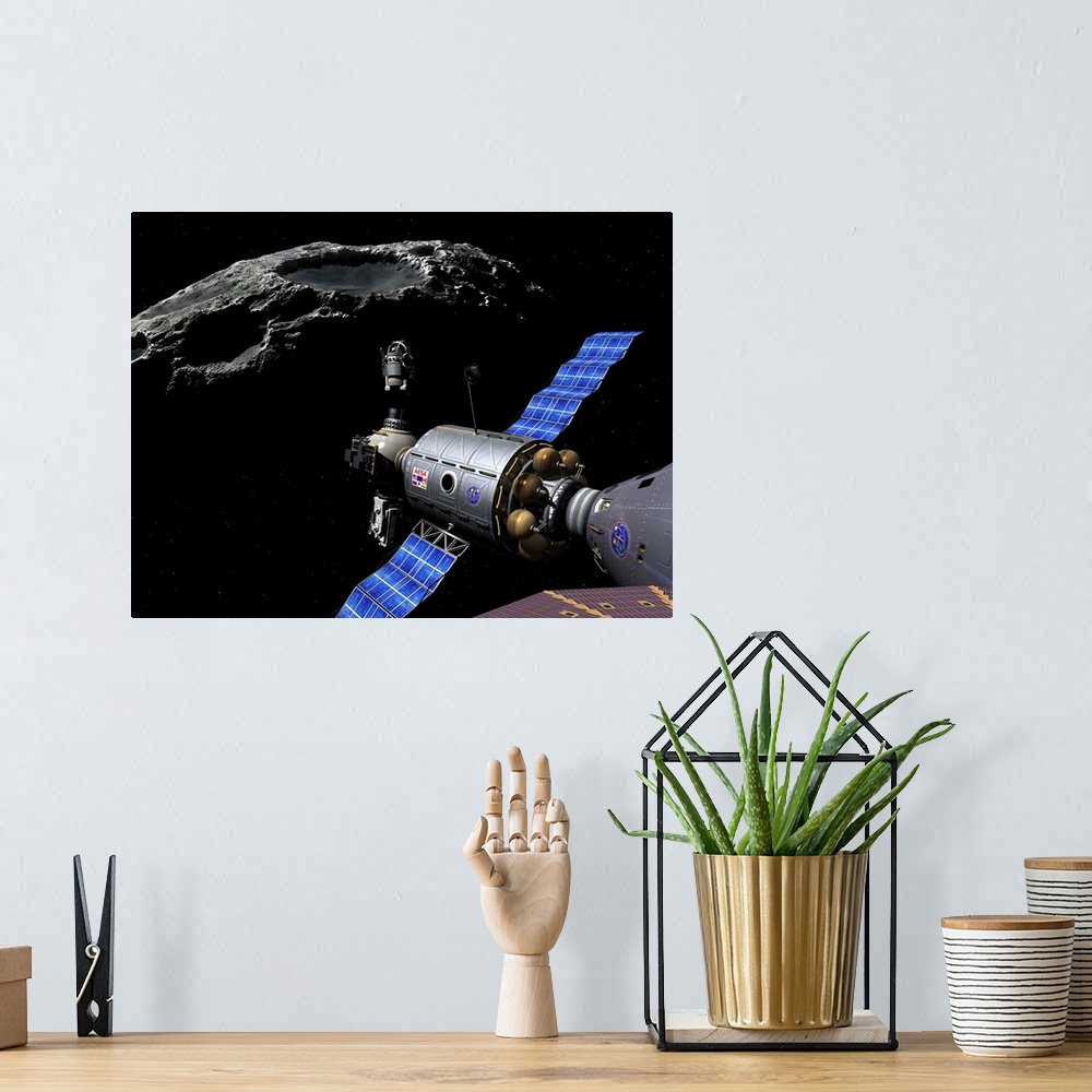 A bohemian room featuring A Manned Maneuvering Vehicle (MMV) piloted by a single astronaut undocks from the main vessel and...