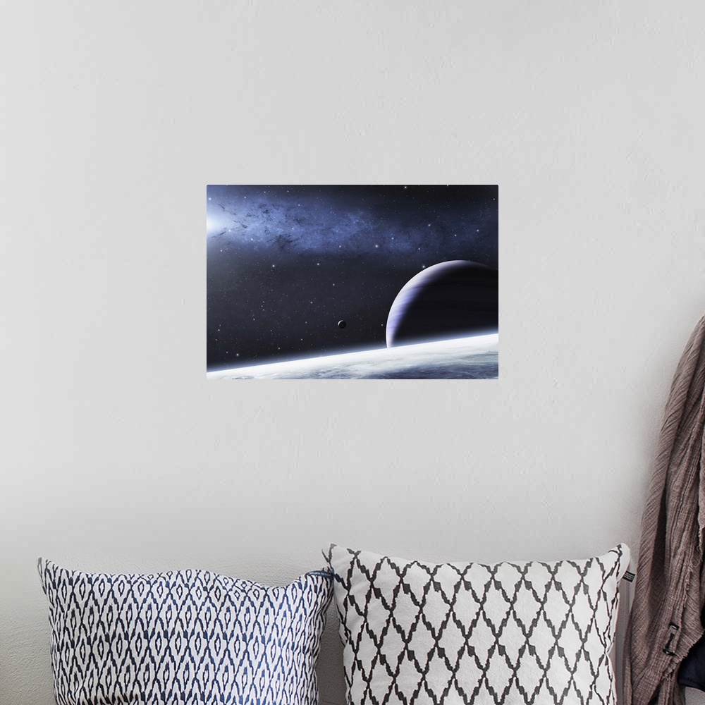 A bohemian room featuring A mysterious light illuminates a small nebula and nearby planets.