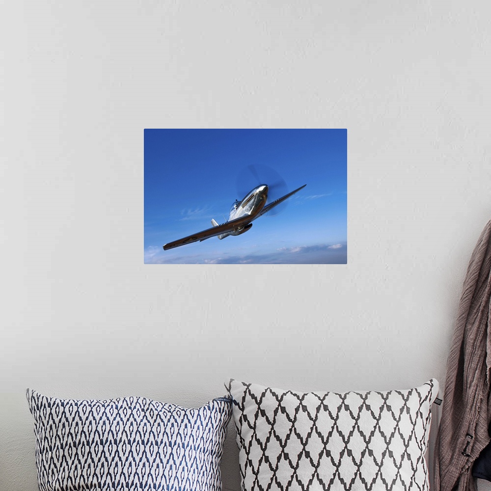 A bohemian room featuring A North American P-51D Mustang in flight near Chino, California.