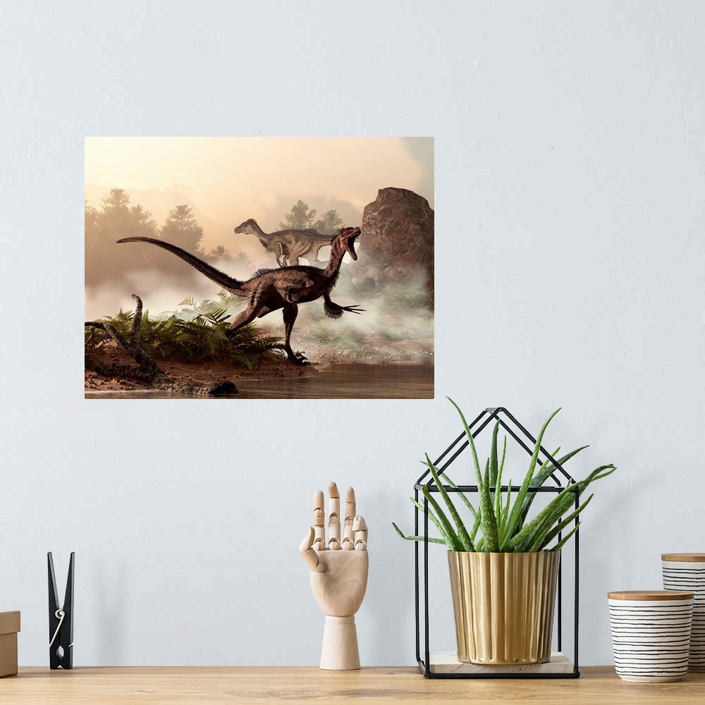 A bohemian room featuring A pair of velociraptors patrol the shore of an ancient lake looking for their next meal.