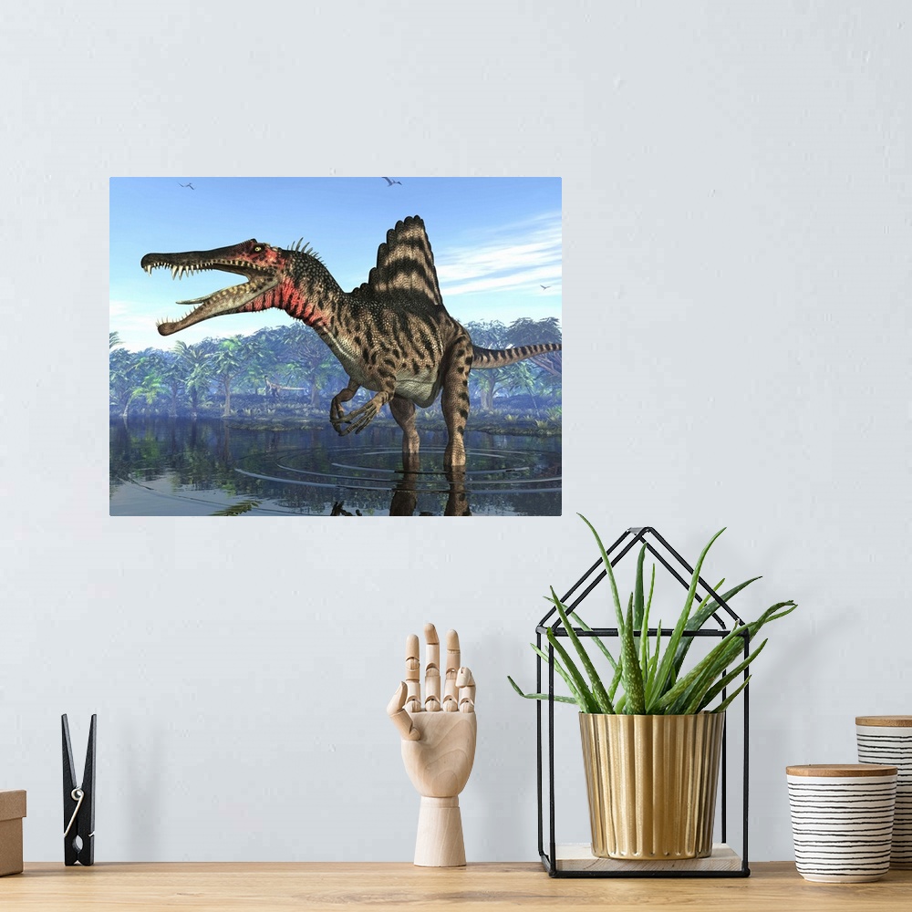 A bohemian room featuring An eight ton Spinosaurus searches for its next meal 95 million years ago in shallow waters of wha...