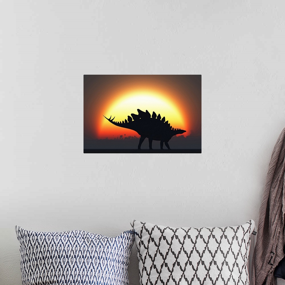 A bohemian room featuring A Stegosaurus silhouetted against the setting Sun at the end of a prehistoric day.