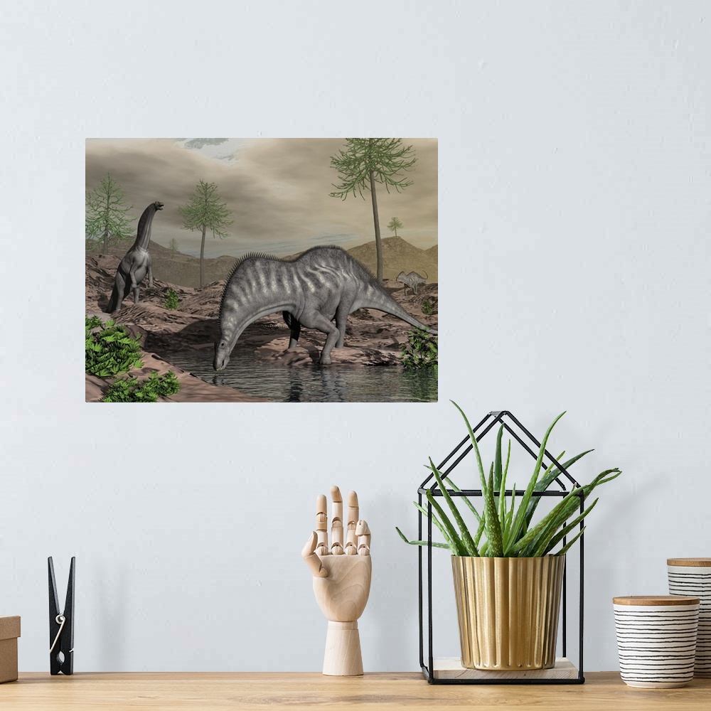 A bohemian room featuring Amargasaurus dinosaurs drinking from a stream.
