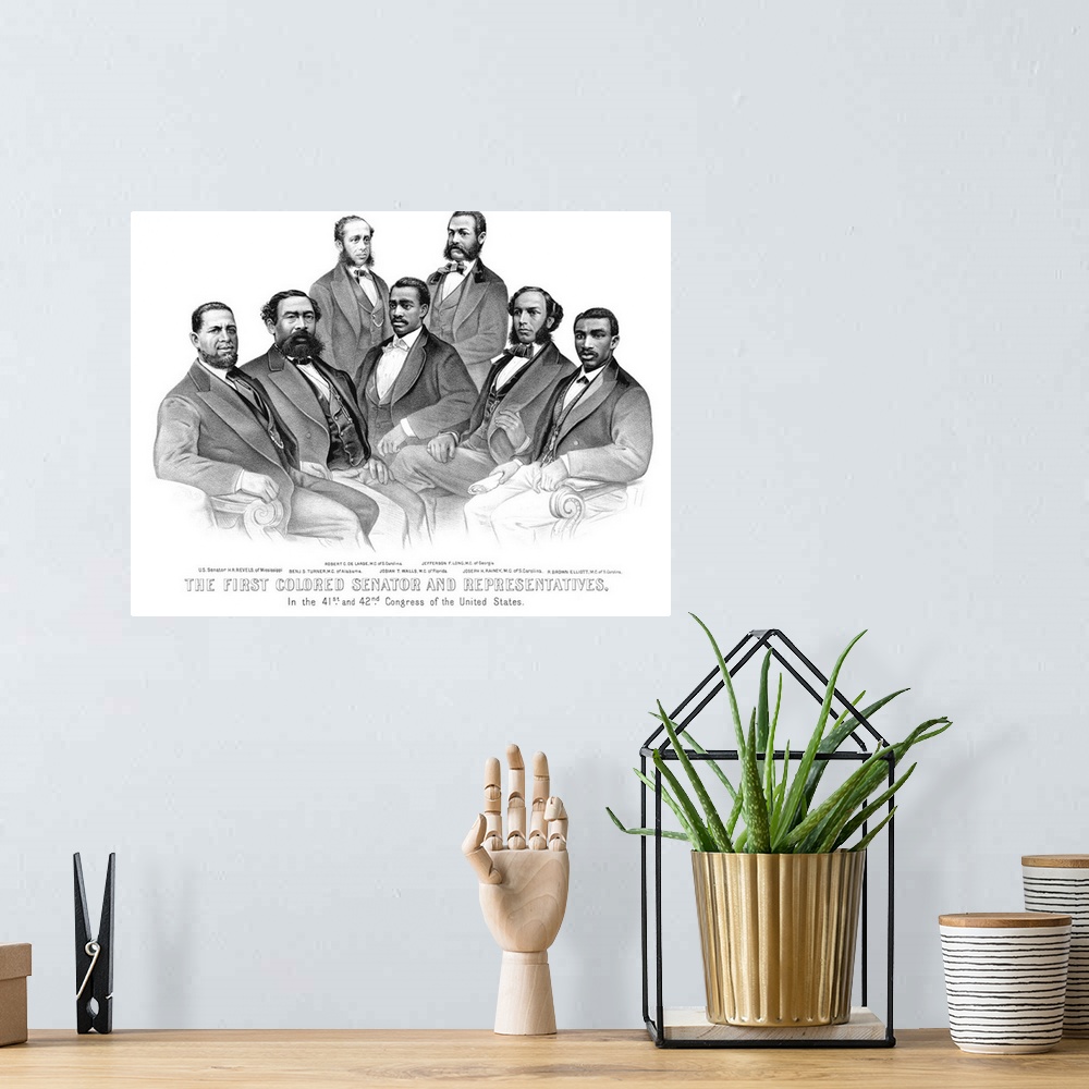 A bohemian room featuring Vintage American History print featuring the first African American Senator and Representatives i...