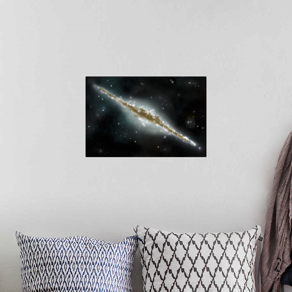 A bohemian room featuring An artist's depiction of a large spiral galaxy viewed from edge on.
