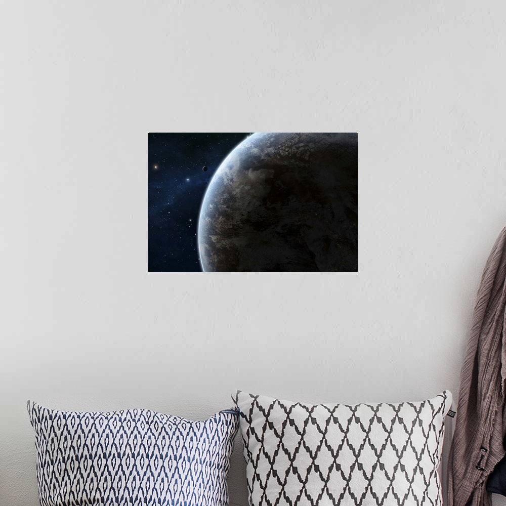 A bohemian room featuring An earth-like planet in the middle of a calm area of space.