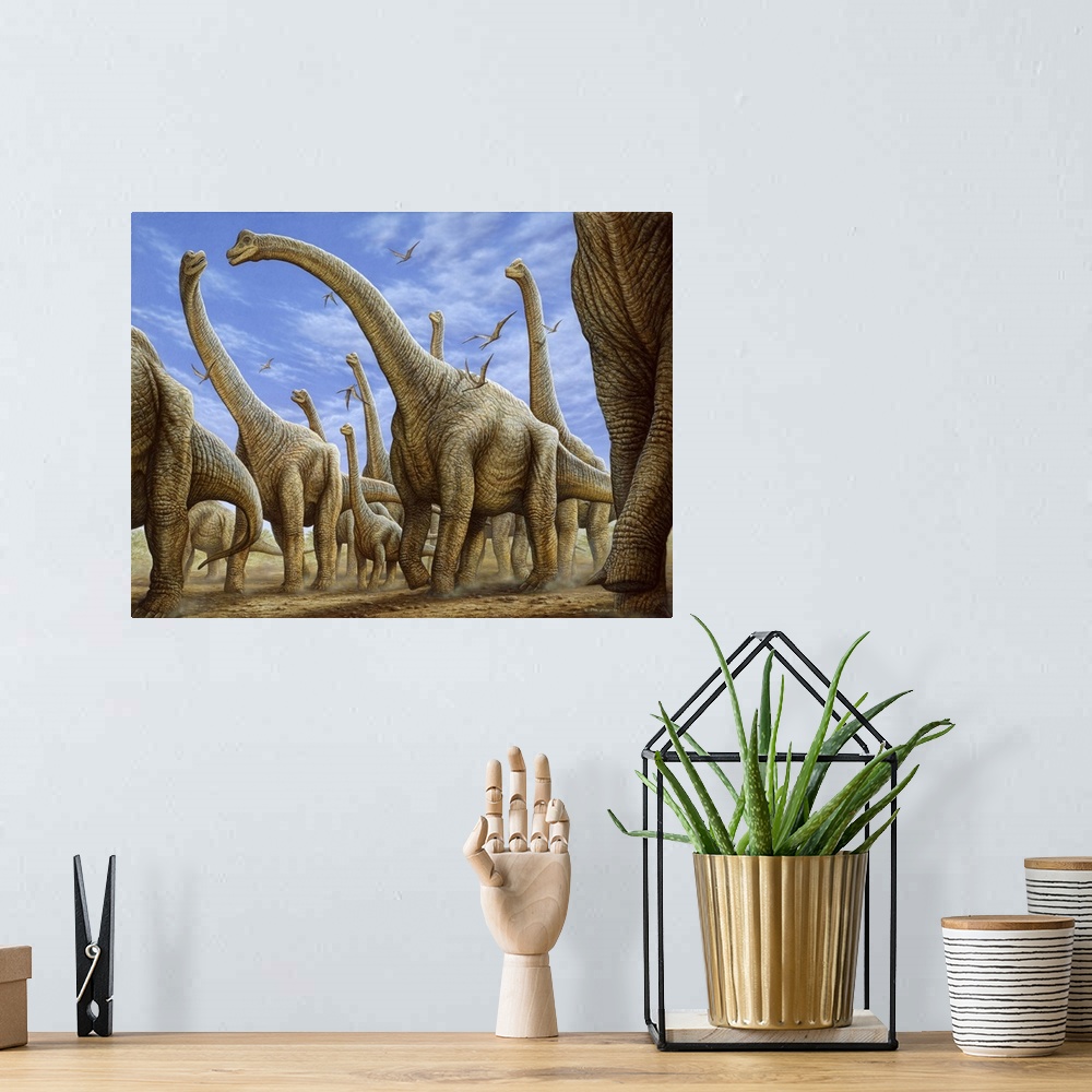 A bohemian room featuring Brachiosaurus herd on the move.
