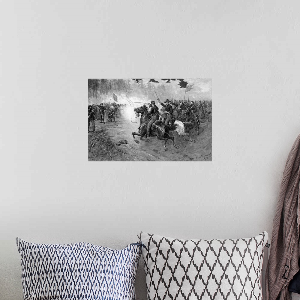 A bohemian room featuring Civil War print of Union cavalry soldiers charging a Confederate firing line.