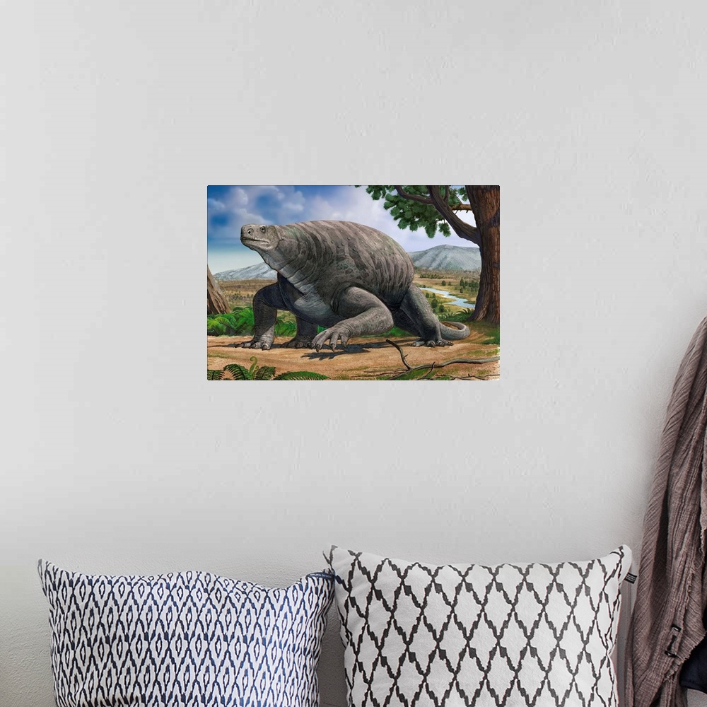 A bohemian room featuring Cotylorhynchus bransoni, a prehistoric animal from the Paleozoic Era.