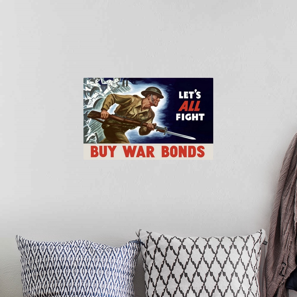 A bohemian room featuring Digitally restored vector war propaganda poster. This vintage World War II poster features factor...
