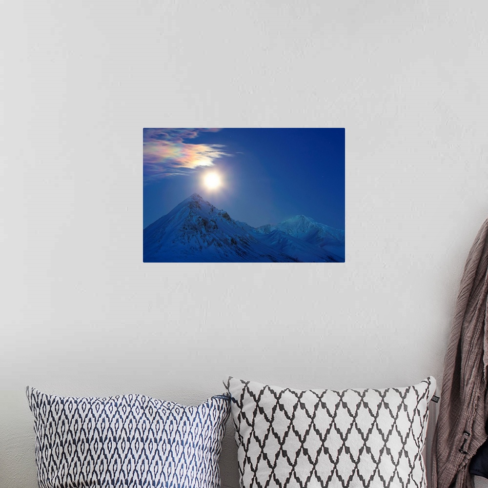 A bohemian room featuring Full moon with rainbow clouds over Ogilvie Mountains, Tombstone Park, Dempster Highway, Canada.