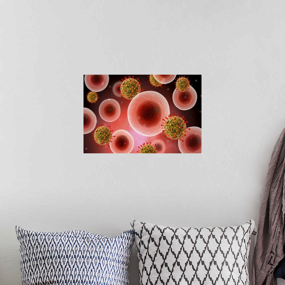 A bohemian room featuring Microscopic view of cell and virus.
