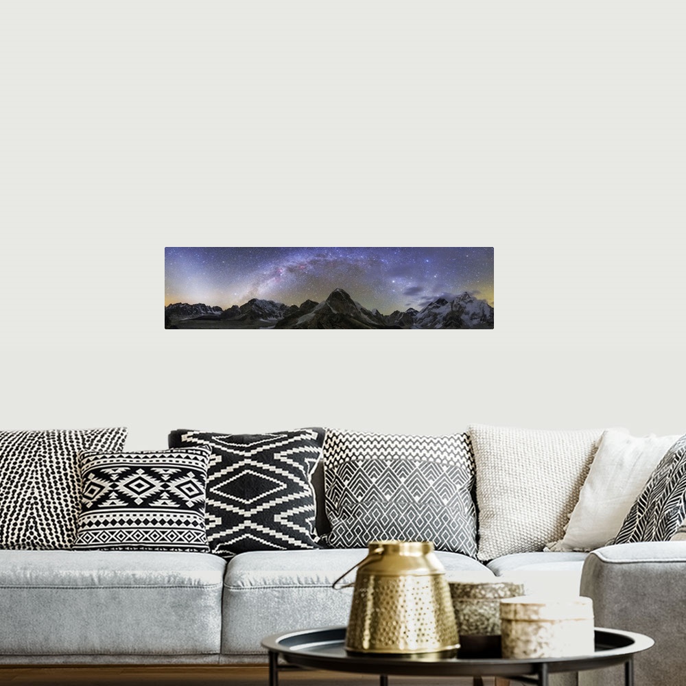 A bohemian room featuring Panoramic view of Mt. Everest, Khumbu glacier, Nuptse and Pumori mountains in Nepal. The scene wa...