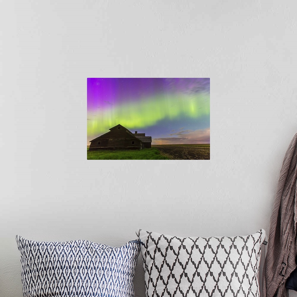 A bohemian room featuring June 7-8, 2014 - An all-sky aurora with green and purple curtains in southern Alberta, Canada. Ca...