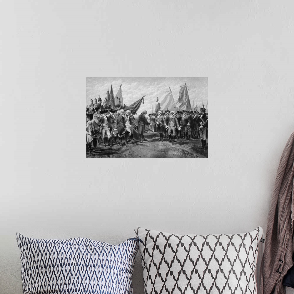 A bohemian room featuring Revolutionary War print showing the surrender of British troops.