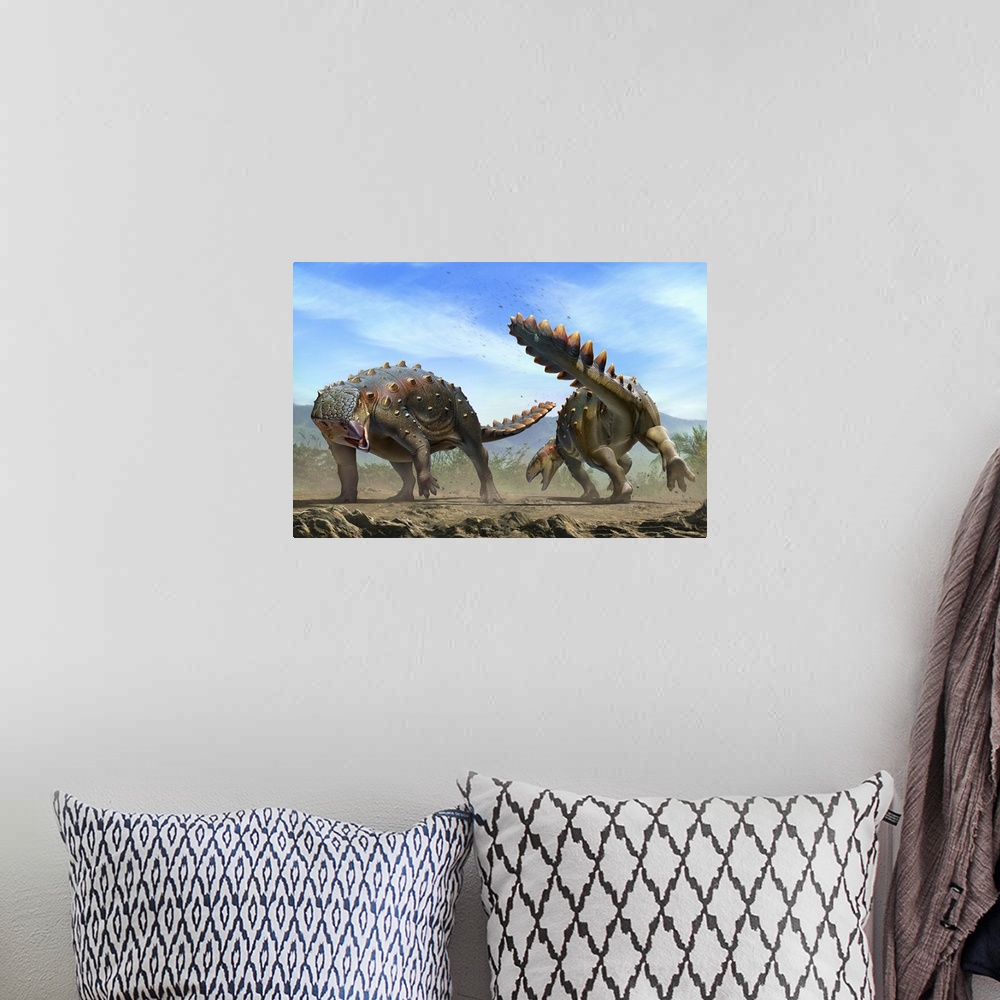 A bohemian room featuring Two Stegouros elengassen dinosaurs fighting.