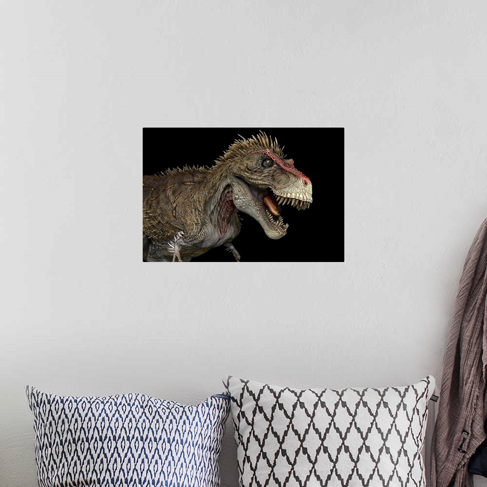 A bohemian room featuring Tyrannosaurus rex dinosaur, profile view.