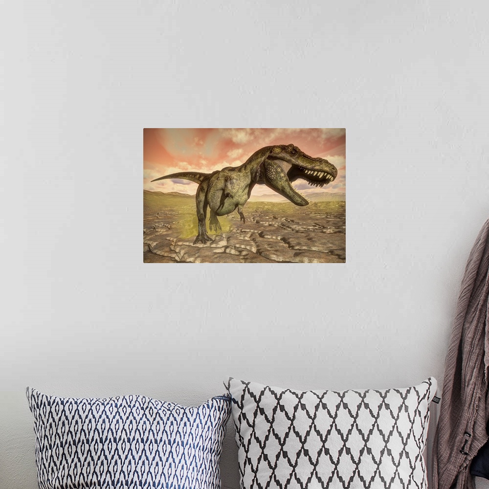 A bohemian room featuring Tyrannosaurus rex roaring.