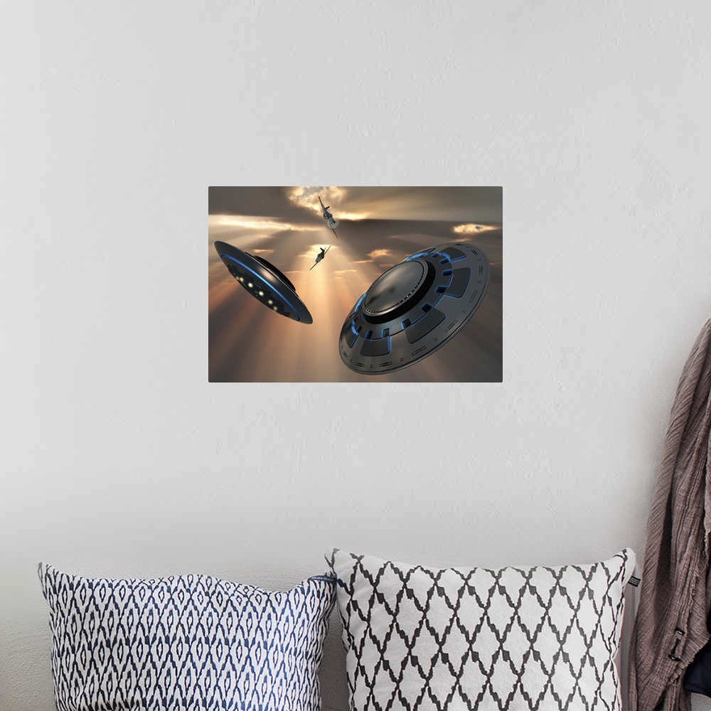 A bohemian room featuring A 3D conceptual image illustrating UFO's and fighter planes in the skies over Roswell, New Mexico...