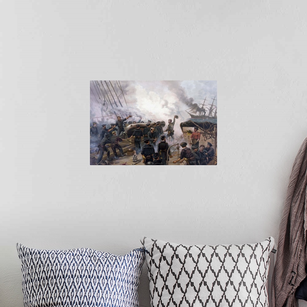 A bohemian room featuring Vintage American Civil War print of The Battle of Cherbourg.