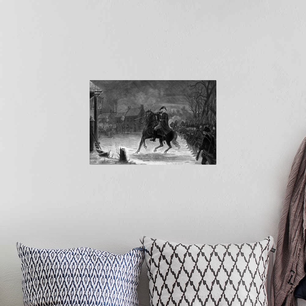 A bohemian room featuring Vintage American History print of General George Washington at The Battle of Trenton.