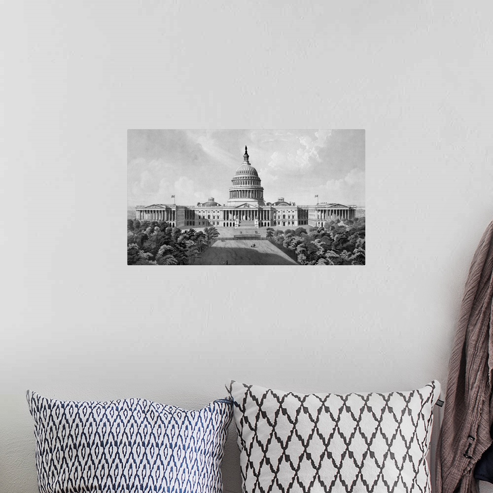 A bohemian room featuring Vintage architecture print of The United States Capitol Building.