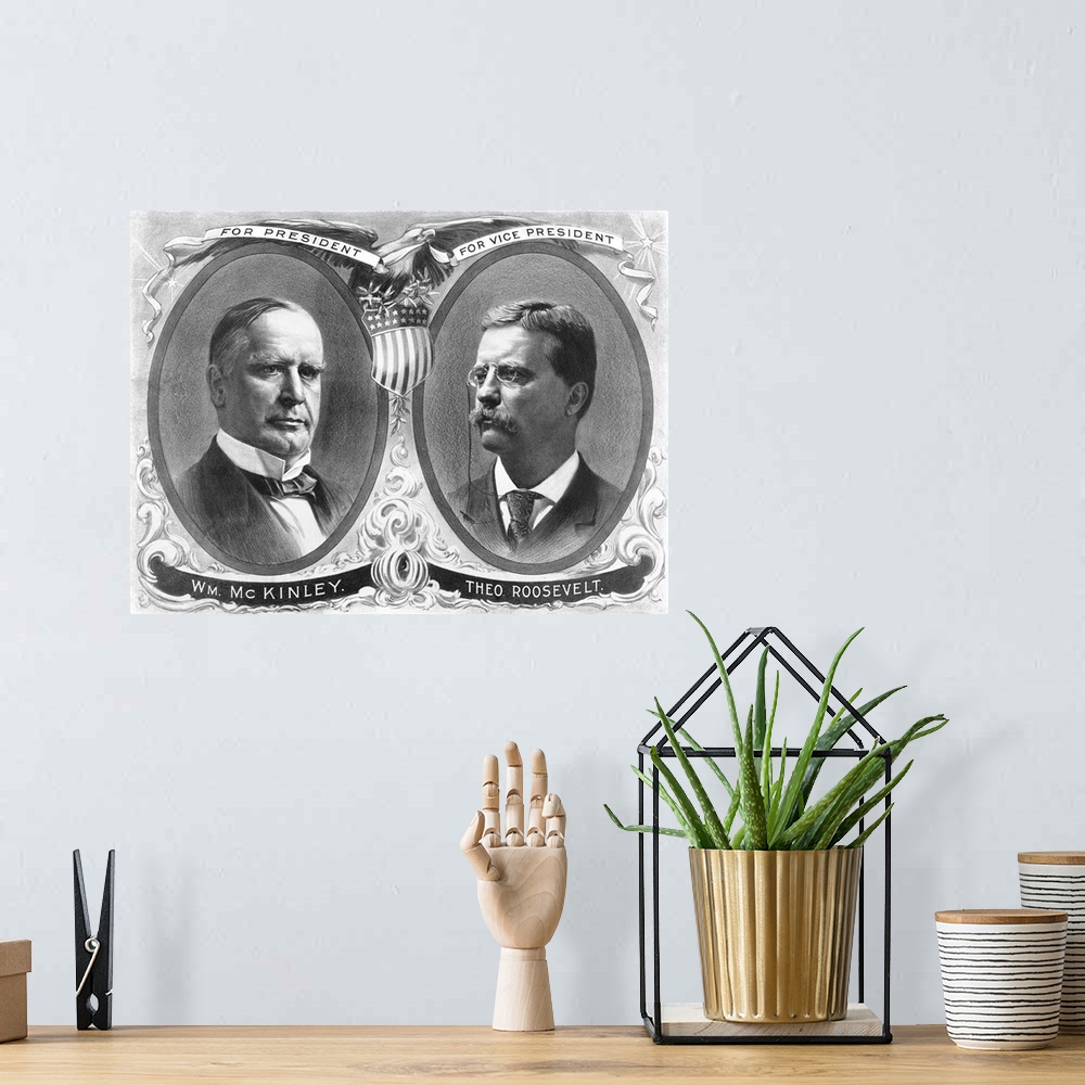 A bohemian room featuring Vintage presidential election poster of President William McKinley and his running mate, Theodore...