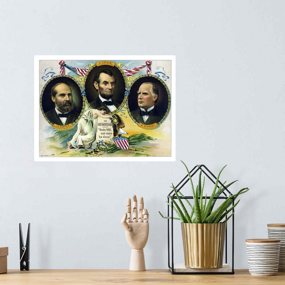 A bohemian room featuring Vintage print of Presidents James Garfield, Abraham Lincoln, and William McKinley.