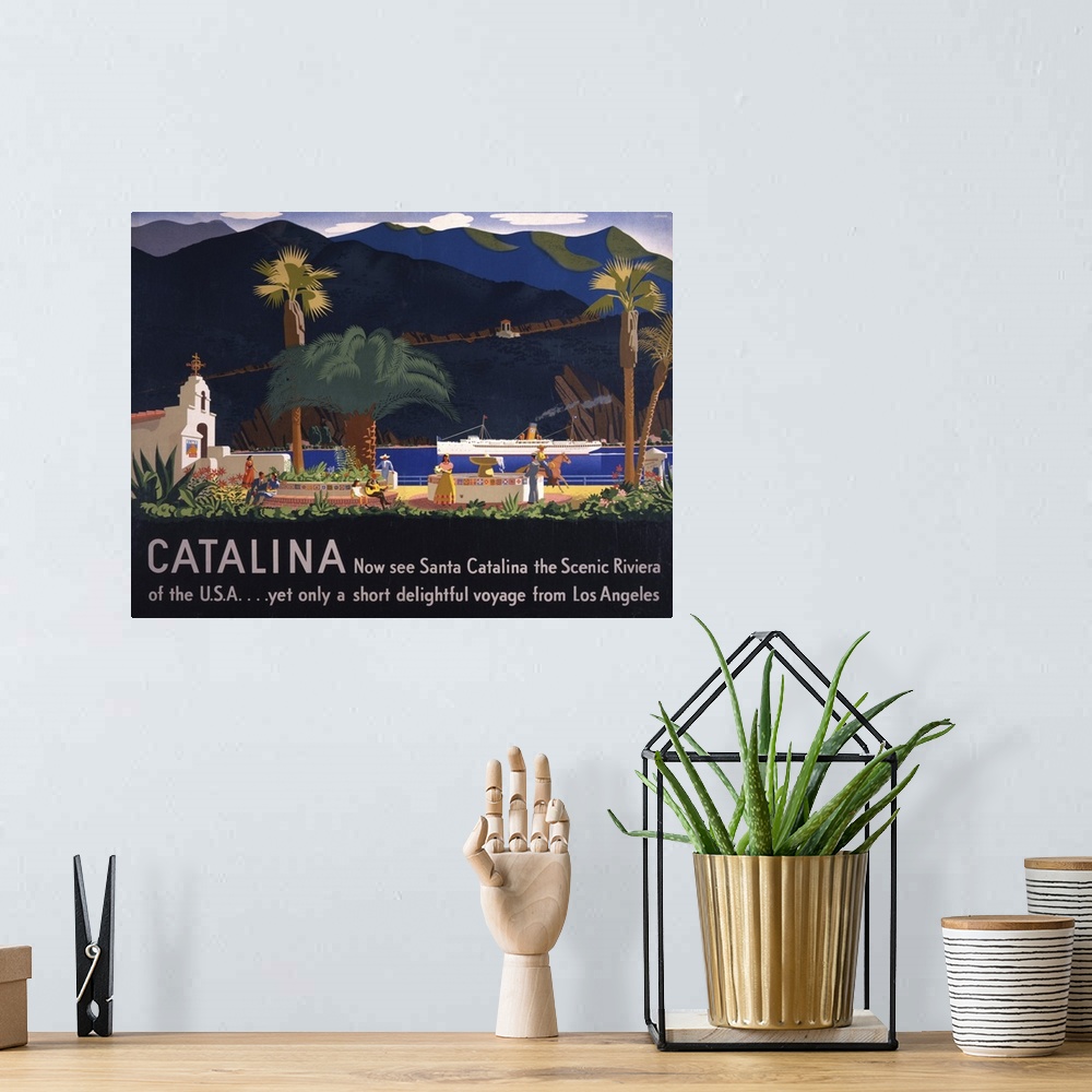 A bohemian room featuring Vintage Travel Poster For Tourism To Santa Catalina Island, California, 1935