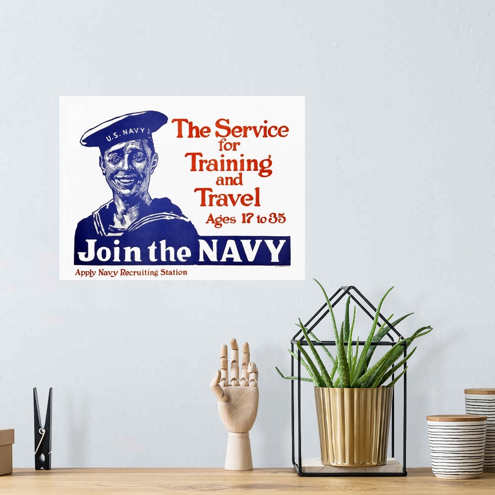 A bohemian room featuring Vintage US Navy Recruiting Poster Of A Smiling Sailor