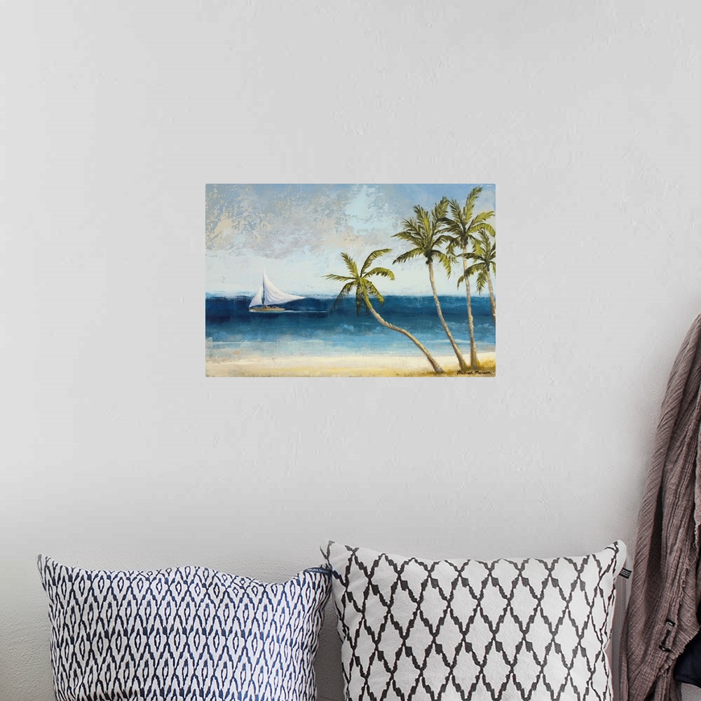 A bohemian room featuring Painting on canvas of palm trees on a beach with a sailboat sailing in the ocean.