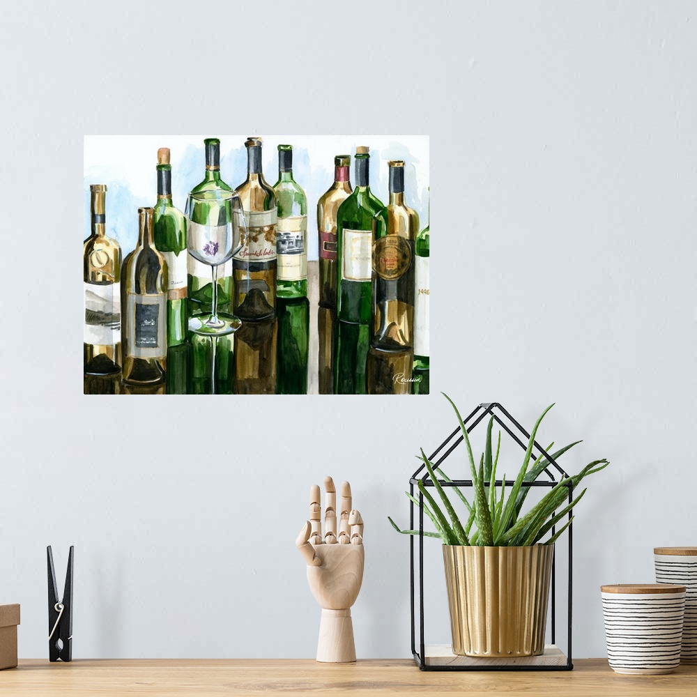 A bohemian room featuring Contemporary painting of a collection of green and brown wine bottles.