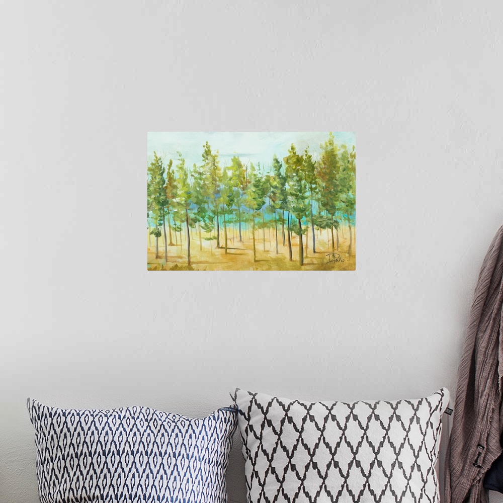 A bohemian room featuring Contemporary painting of a row of thin trees with bright green leaves.