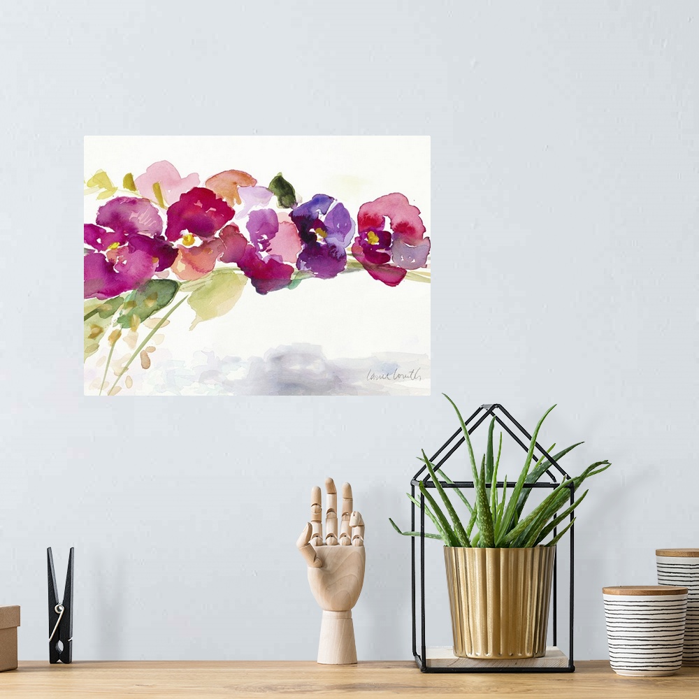 A bohemian room featuring Contemporary watercolor painting of pink and purple flowers with green stems and leaves.