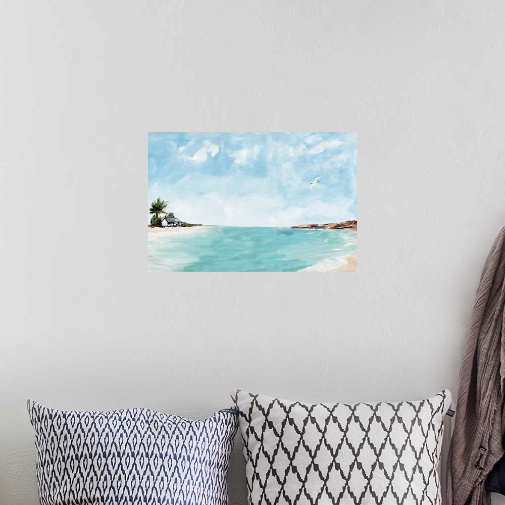 A bohemian room featuring Contemporary painting of an island with a house right on the shore next to the crystal blue ocean...
