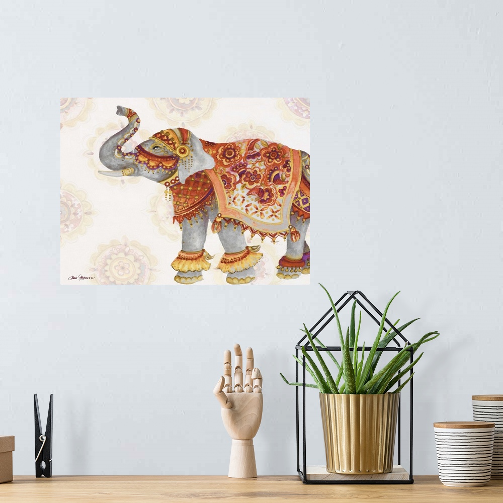 A bohemian room featuring Illustration of an elephant with its trunk raised, wearing colorful decorative fabrics.