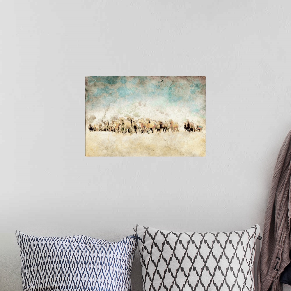 A bohemian room featuring Abstract painting of a team of horses with bright, colorful markings on a faded background with t...