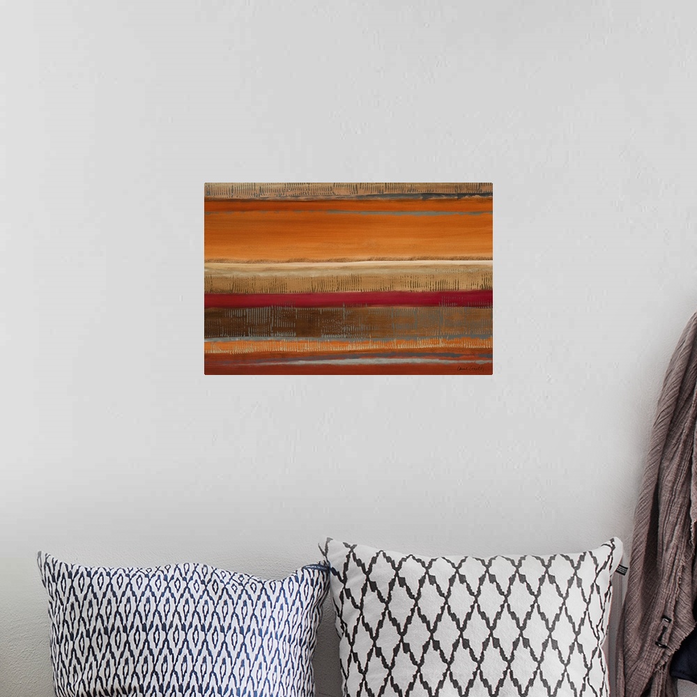 A bohemian room featuring Piece of abstract artwork that has horizontal stripes across the print. Some are thicker while ot...