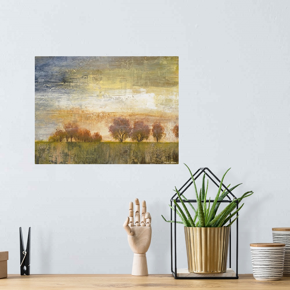 A bohemian room featuring This decorative accent is a stylized landscape painting of several trees growing on an unnaturall...