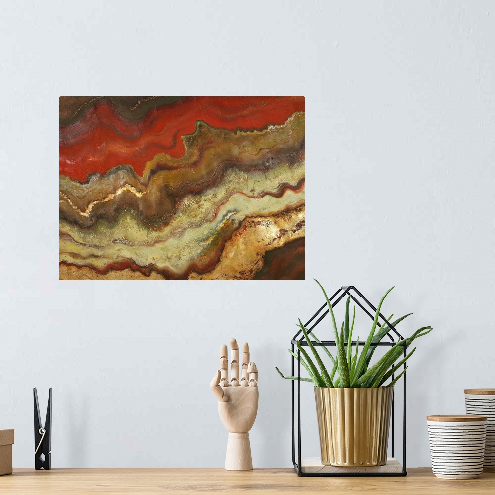 A bohemian room featuring Mixed media contemporary artwork of abstract waves of rusty, rocky colors, resembling sedimentary...