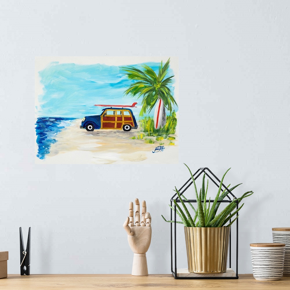 A bohemian room featuring Contemporary painting of a blue and wood styled wagon parked on the sandy beach with a red surfbo...