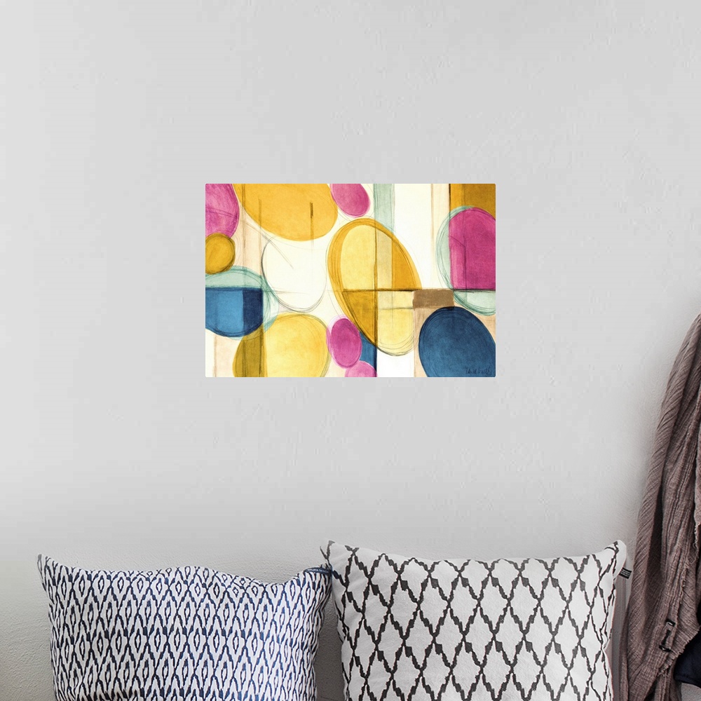 A bohemian room featuring Abstract painting in colorful circular shapes and intersecting lines.