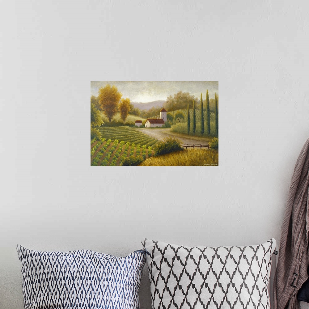 A bohemian room featuring This is horizontal painting by a contemporary artist showing crops growing in the country side ar...