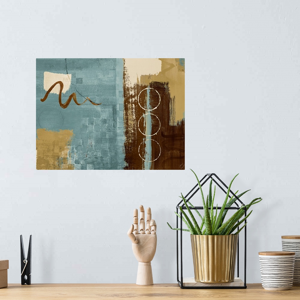 A bohemian room featuring Horizontal, contemporary home art docor in earth tones, various shapes and brushstrokes layered o...