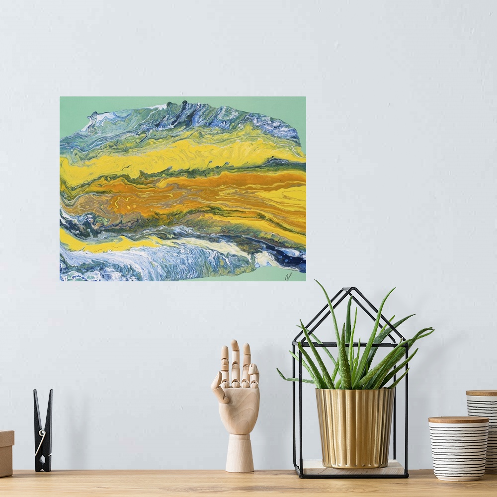 A bohemian room featuring Abstract contemporary artwork with layers of blue and yellow.