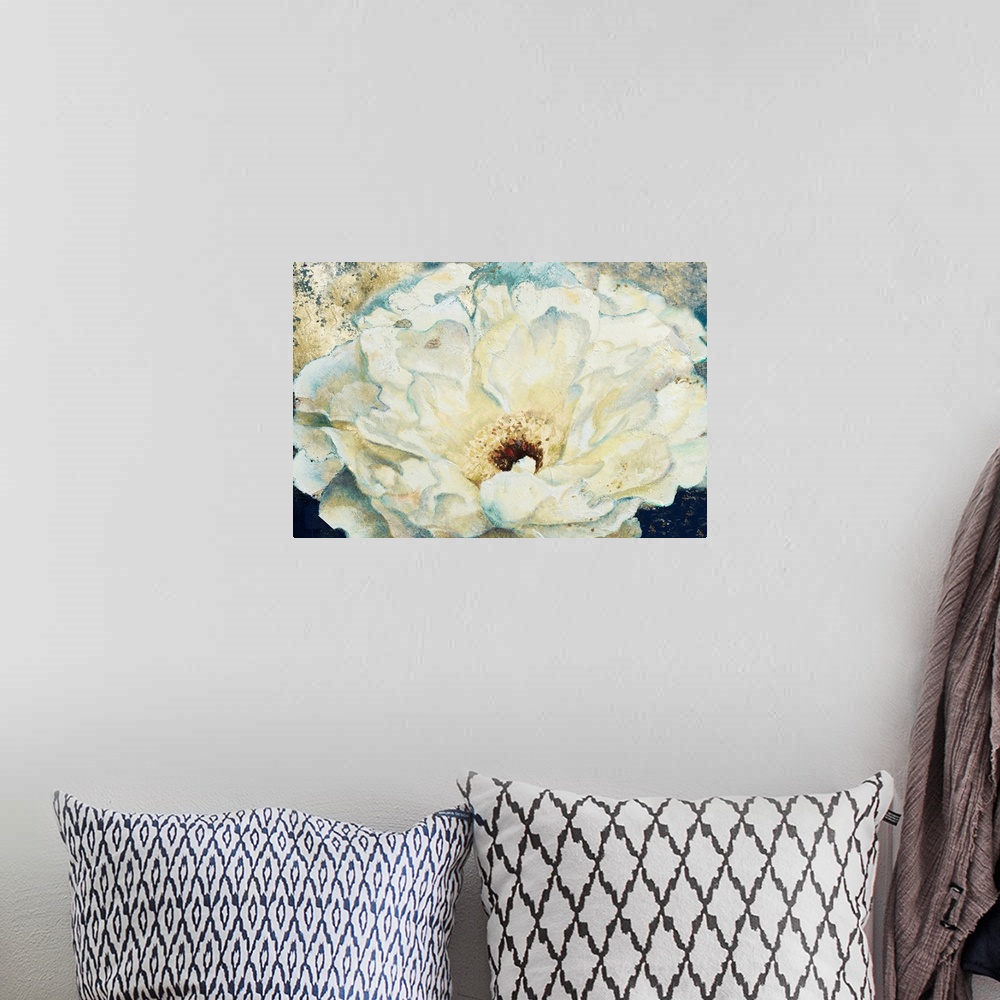 A bohemian room featuring Contemporary artwork of a fluffy white peony flower with speckling textures throughout.